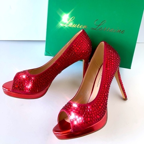 Lauren Lorraine Women's Red Platform Heels Rhinestone Prom Dress Heels, Sz 8.5M - Picture 5 of 14